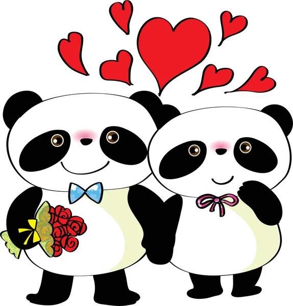 Pandas Plantilla Tarjeta Amor Aislado Sobre Fondo Blanco Ilustración Vectorial — Archivo Imágenes Vectoriales