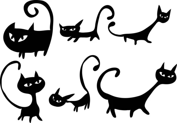 Set Cute Black Cats Flat Icons Isolated White Background Vector — Stock Vector