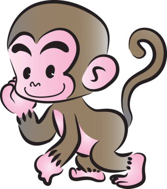 Beyaz arkaplanda, vektörde, resimde izole edilmiş şirin çizgi film maymunu