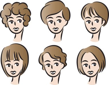 Beyaz arka planda, vektörde, resimde izole edilmiş saç stilleri olan bir dizi güzel kız.