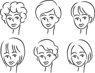 Beyaz arka planda, vektörde, resimde izole edilmiş saç stilleri olan bir dizi güzel kız.