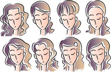 Beyaz arka planda, vektörde, resimde izole edilmiş saç stilleri olan bir dizi güzel kız.