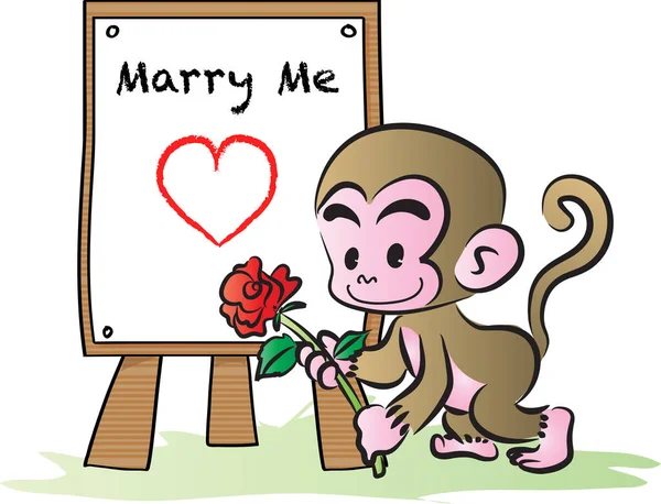 Niedliche Cartoon Affe Hält Rose Der Nähe Schultafel Mit Marry — Stockvektor