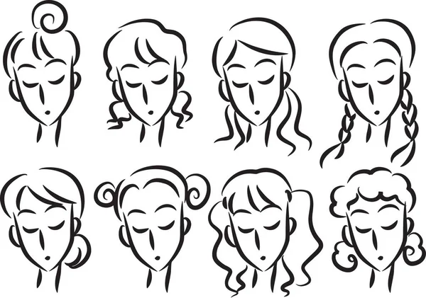 Set Cartoon Beautiful Girls Hairstyles Isolated White Background Vector Illustration — Stock Vector