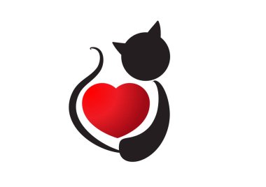 Beyaz arka planda izole edilmiş sevimli kedi ve kalp logosu, romantik konsept 