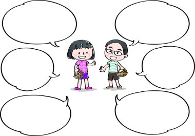 Beyaz arka planda izole edilmiş konuşma baloncuklarının yanında eğlenen çizgi film çocukları, çocukluk konsepti. 