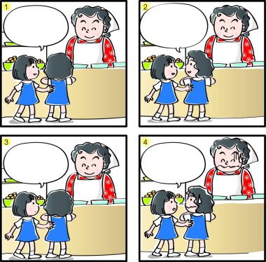 Çizgi filmdeki çocukların birlikte eğlendiği çizgi roman beyaz arka planda izole edilmiş, çocukluk kavramı 