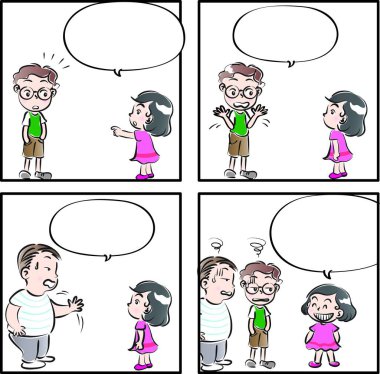 Çizgi filmdeki çocukların birlikte eğlendiği çizgi roman beyaz arka planda izole edilmiş, çocukluk kavramı 