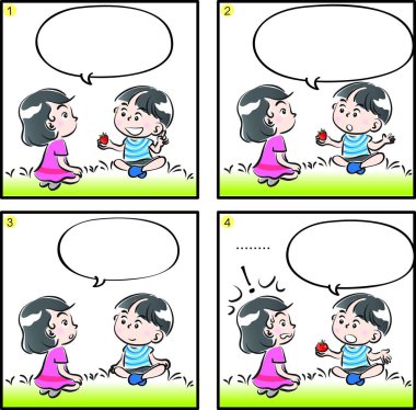 Çizgi filmdeki çocukların birlikte eğlendiği çizgi roman beyaz arka planda izole edilmiş, çocukluk kavramı 