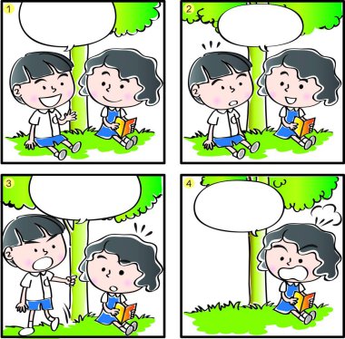 Çizgi filmdeki çocukların birlikte eğlendiği çizgi roman beyaz arka planda izole edilmiş, çocukluk kavramı 