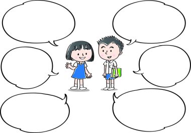 Beyaz arka planda izole edilmiş konuşma baloncuklarının yanında eğlenen çizgi film çocukları, çocukluk konsepti. 