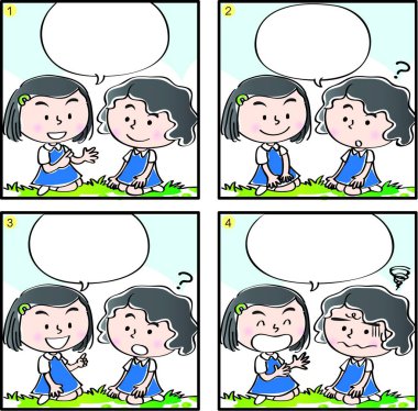 Çizgi filmdeki çocukların birlikte eğlendiği çizgi roman beyaz arka planda izole edilmiş, çocukluk kavramı 