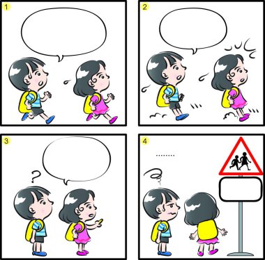 Çizgi filmdeki çocukların birlikte eğlendiği çizgi roman beyaz arka planda izole edilmiş, çocukluk kavramı 