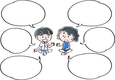 Beyaz arka planda izole edilmiş konuşma baloncuklarının yanında eğlenen çizgi film çocukları, çocukluk konsepti. 