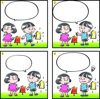 Çizgi filmdeki çocukların birlikte eğlendiği çizgi roman beyaz arka planda izole edilmiş, çocukluk kavramı 