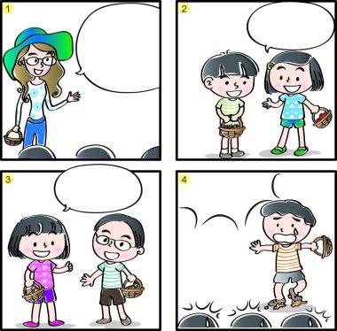 Çizgi filmdeki çocukların birlikte eğlendiği çizgi roman beyaz arka planda izole edilmiş, çocukluk kavramı 