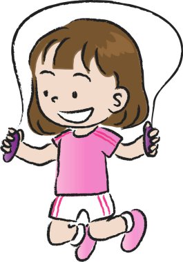 Beyaz arka planda izole edilmiş ip atlayan çizgi film kızı, spor konsepti. 