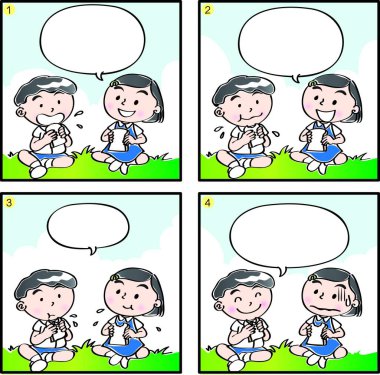 Çizgi filmdeki çocukların birlikte eğlendiği çizgi roman beyaz arka planda izole edilmiş, çocukluk kavramı 