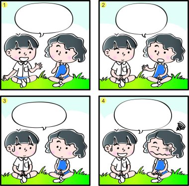 Çizgi filmdeki çocukların birlikte eğlendiği çizgi roman beyaz arka planda izole edilmiş, çocukluk kavramı 