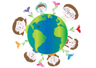 Küresel kart ve mutlu aile, vektör, illüstrasyon