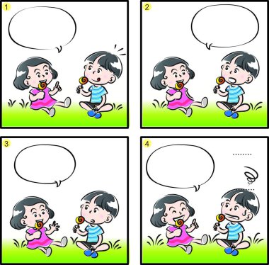 Çizgi filmdeki çocukların birlikte eğlendiği çizgi roman beyaz arka planda izole edilmiş, çocukluk kavramı 