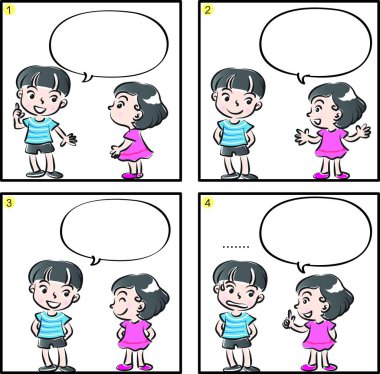 Çizgi filmdeki çocukların birlikte eğlendiği çizgi roman beyaz arka planda izole edilmiş, çocukluk kavramı 