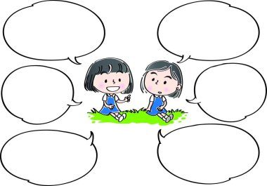 Beyaz arka planda izole edilmiş konuşma baloncuklarının yanında eğlenen çizgi film çocukları, çocukluk konsepti. 