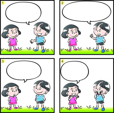 Çizgi filmdeki çocukların birlikte eğlendiği çizgi roman beyaz arka planda izole edilmiş, çocukluk kavramı 