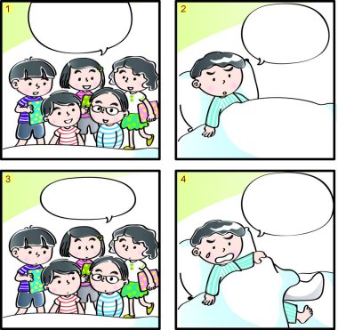 Çizgi filmdeki çocukların birlikte eğlendiği çizgi roman beyaz arka planda izole edilmiş, çocukluk kavramı 