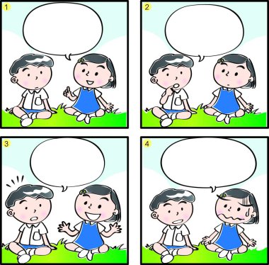 Çizgi filmdeki çocukların birlikte eğlendiği çizgi roman beyaz arka planda izole edilmiş, çocukluk kavramı 