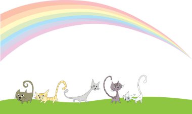 Gökkuşağının altında, gökkuşağının altında, beyaz arka planda, vektörde, resimde izole bir şekilde yürüyen bir grup sevimli kedi.