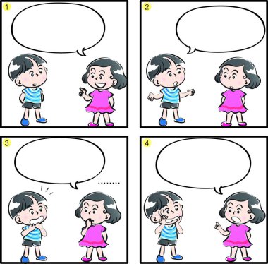 Çizgi filmdeki çocukların birlikte eğlendiği çizgi roman beyaz arka planda izole edilmiş, çocukluk kavramı 