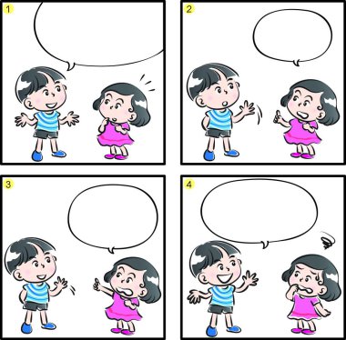 Çizgi filmdeki çocukların birlikte eğlendiği çizgi roman beyaz arka planda izole edilmiş, çocukluk kavramı 