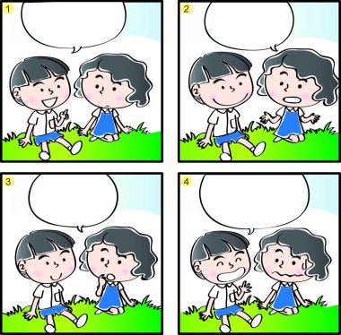 Çizgi filmdeki çocukların birlikte eğlendiği çizgi roman beyaz arka planda izole edilmiş, çocukluk kavramı 