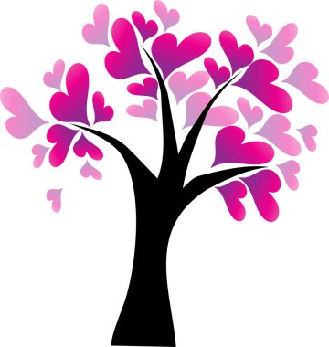 Kalp şeklinde yaprakları olan renkli düz romantik ağaç beyaz arkaplan, vektör, illüstrasyon