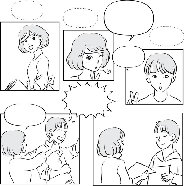 漫画家と少女との漫画のエピソードのセット — ストックベクタ