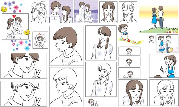 Set Episode Komik Dengan Pria Dan Gadis Kartun - Stok Vektor