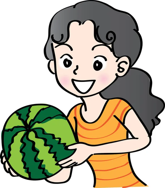 Illustration Flicka Som Håller Vattenmelon — Stock vektor
