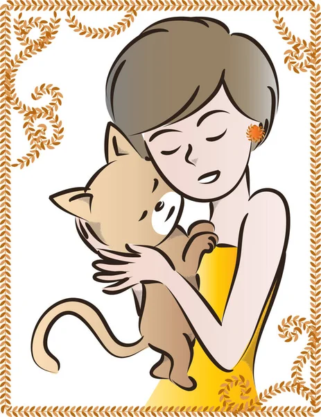 Κάρτα Κινούμενα Σχέδια Όμορφη Γυναίκα Κρατώντας Γάτα Στα Χέρια Απομονώνονται — Διανυσματικό Αρχείο
