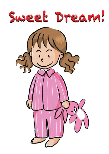 Carte Avec Dessin Animé Mignonne Petite Fille Pyjama Tenant Jouet — Image vectorielle