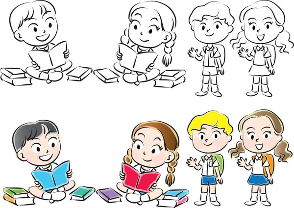 Desenho Animado Feliz Pequena Criança Escolar Com Livros Mochila Vetor —  Vetores de Stock
