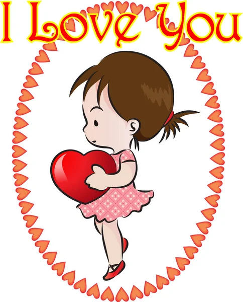 Card Cartoon Cute Girl Holding Heart Text Love You — Stock Vector