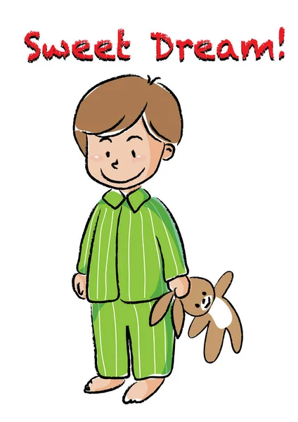 Carte Avec Dessin Animé Mignon Petit Garçon Pyjama Tenant Jouet — Image vectorielle