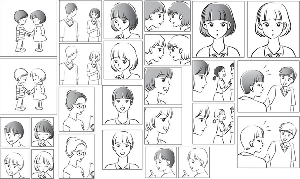 Conjunto Episodios Cómics Con Dibujos Animados Hombre Chica — Vector de stock