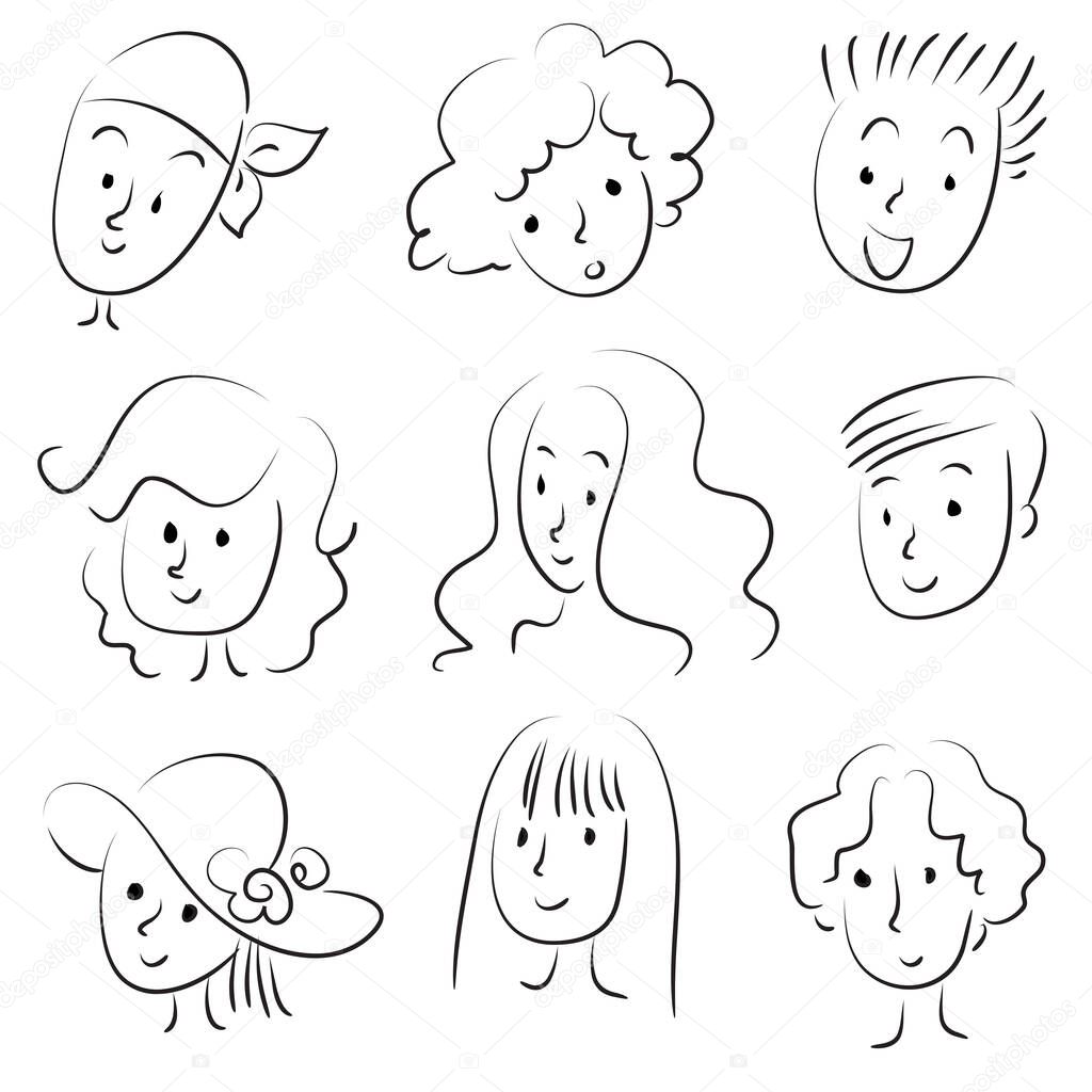 set of cartoon beautiful girls with hairstyles isolated on white background, vector, illustration
