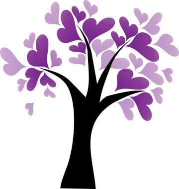 Kalp şeklinde yaprakları olan renkli düz romantik ağaç beyaz arkaplan, vektör, illüstrasyon