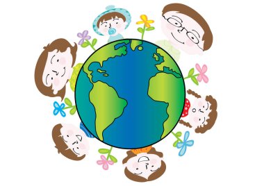 Küresel kart ve mutlu aile, vektör, illüstrasyon