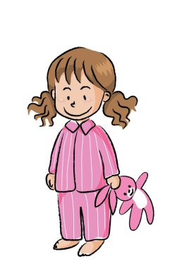 İçinde oyuncak tavşancık ve beyaz arka plan, vektör, illüstrasyon ve çocukluk konseptiyle izole edilmiş tatlı rüyalar taşıyan küçük tatlı pijamalı bir kız vardı.  