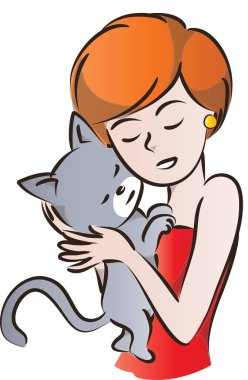 Çizgi filmdeki güzel kadın, kediyi elinde tutuyor beyaz arka planda, vektör, illüstrasyon, kedi sever kavramı izole edilmiş. 