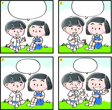 Çizgi filmdeki çocukların birlikte eğlendiği çizgi roman beyaz arka planda izole edilmiş, çocukluk kavramı 